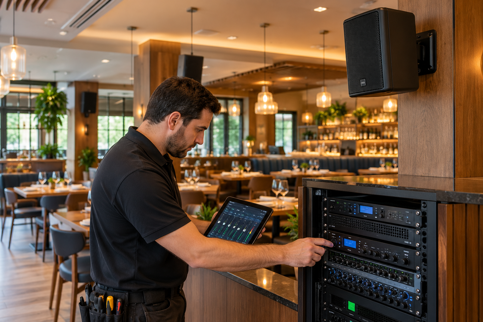 Technician testing a commercial restaurant audio system